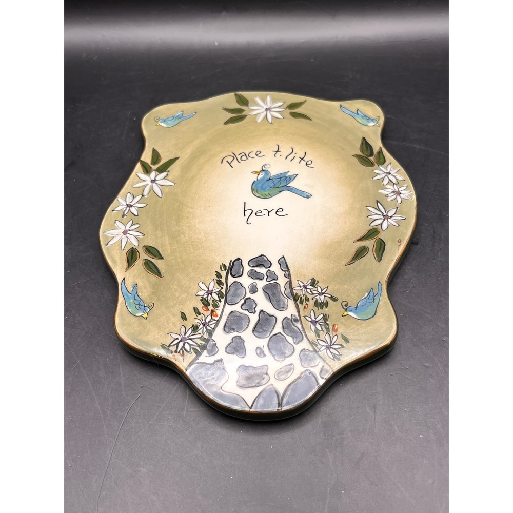 Whimsical Bird Candle Trivet T-Lite Holder Hand Painted Flowers 7" x 5" Decor
